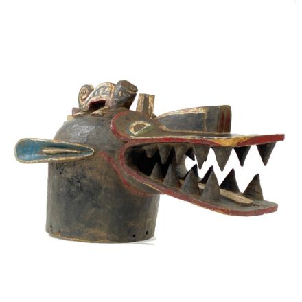 Old African crocodile head mask in polychromed wood 