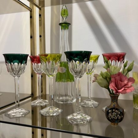 Val Saint Lambert 6 coloured crystal glasses and a decanter